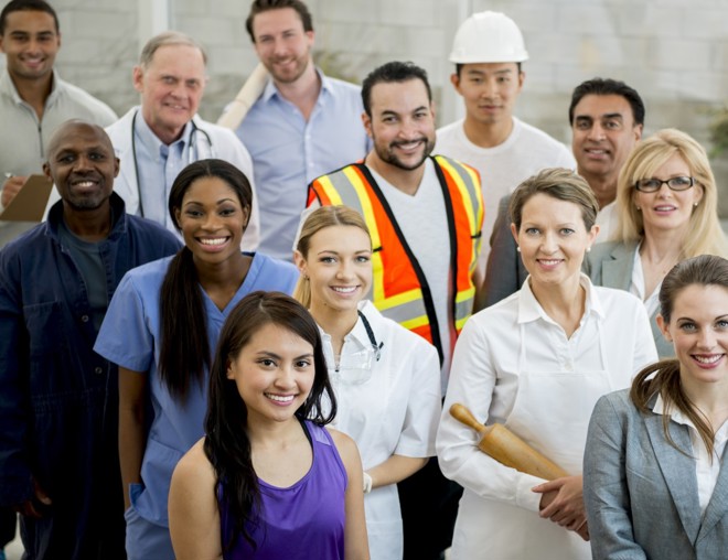 Group of people representing various occupations, such as baker, construction worker, and doctor.