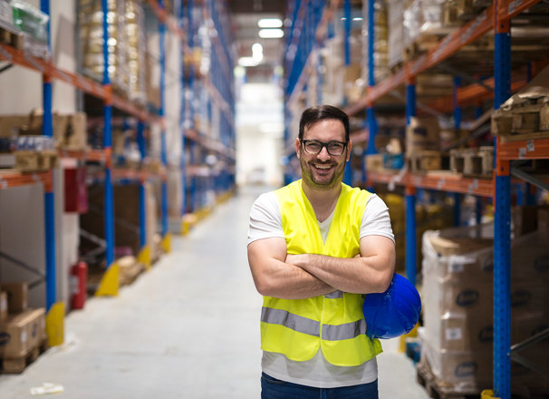 Worker wearing a safety vest smiling and standing in an aisle of a distribution centre