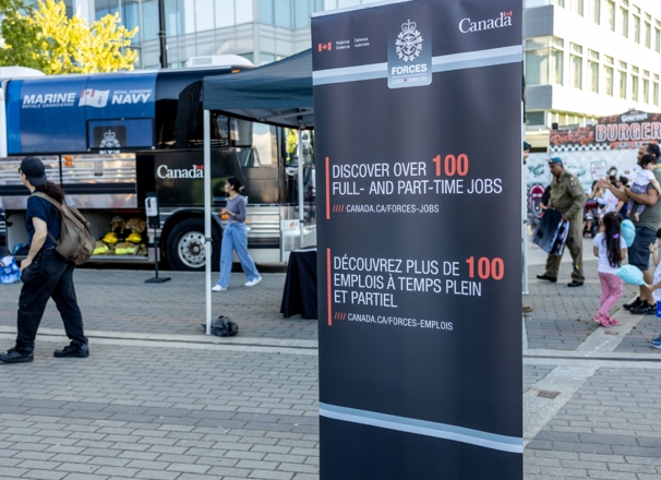 A view of pop-up Canadian Armed Forces station for recruiting new members on Canada Day in downtown Vancouver.