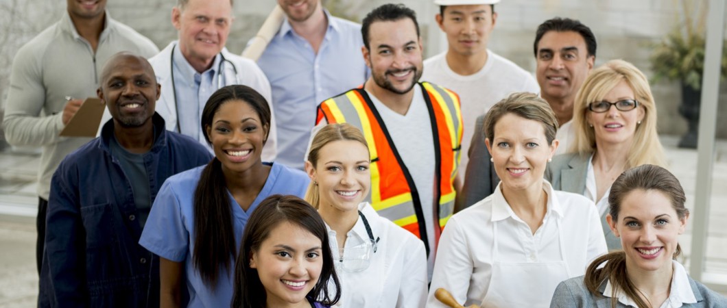 Group of people representing various occupations, such as baker, construction worker, and doctor.