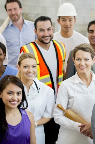 Group of people representing various occupations, such as baker, construction worker, and doctor.