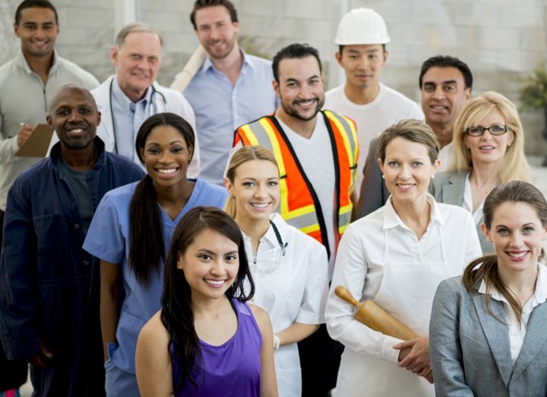 Group of people representing various occupations, such as baker, construction worker, and doctor.