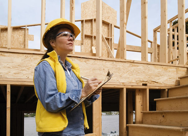 Person wearing a hard hat and safety glasses writing on a clipboard in a construction zone