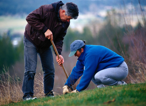 2 people digging a hole for a plant
