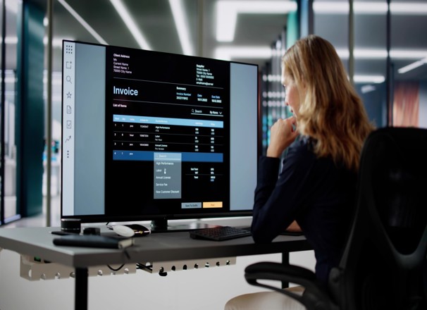 Person using computer software to manage invoices.