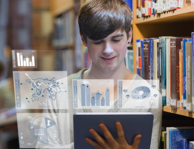 Student looking at a table with graphic overlay of graphs coming out from the tablet