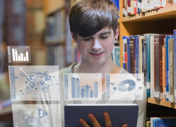 Student looking at a table with graphic overlay of graphs coming out from the tablet