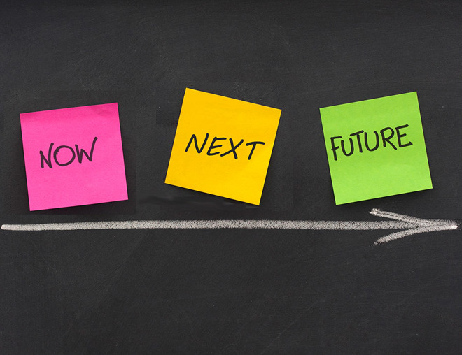"NOW," "NEXT," and "FUTURE" written on sticky notes against with an arrow pointing toward "FUTURE"
