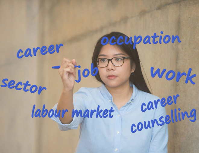 Person writing career terms on glass with a marker