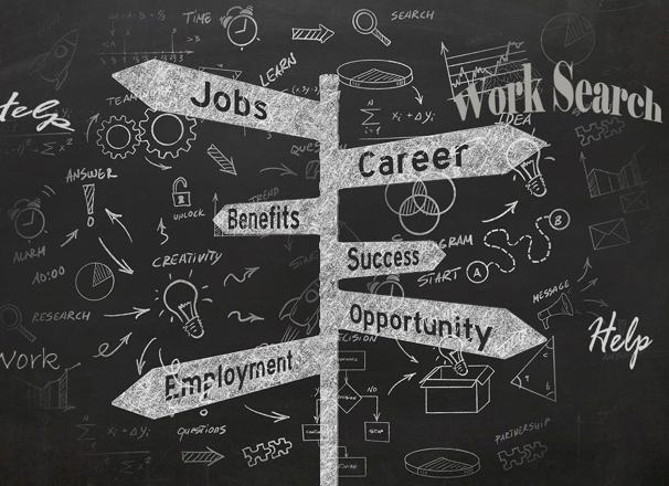 Illustrated road signs pointing to jobs, career, benefit, success, employment, opportunity