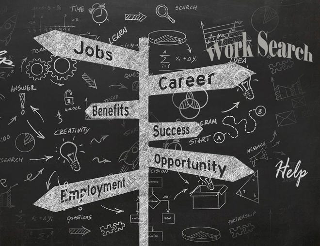 Illustrated road signs pointing to jobs, career, benefit, success, employment, opportunity
