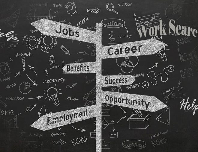 Illustrated road signs pointing to jobs, career, benefit, success, employment, opportunity