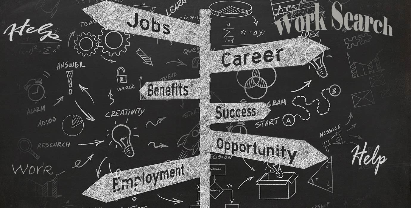 Illustrated road signs pointing to jobs, career, benefit, success, employment, opportunity