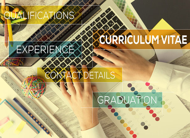 Hands on a laptop keyboard with superimposed text: curriculum vitae, qualifications, experience, contact details, graduation