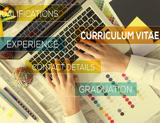 Hands on a laptop keyboard with superimposed text: curriculum vitae, qualifications, experience, contact details, graduation