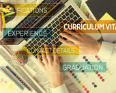 Hands on a laptop keyboard with superimposed text: curriculum vitae, qualifications, experience, contact details, graduation