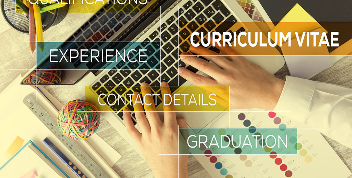Hands on a laptop keyboard with superimposed text: curriculum vitae, qualifications, experience, contact details, graduation