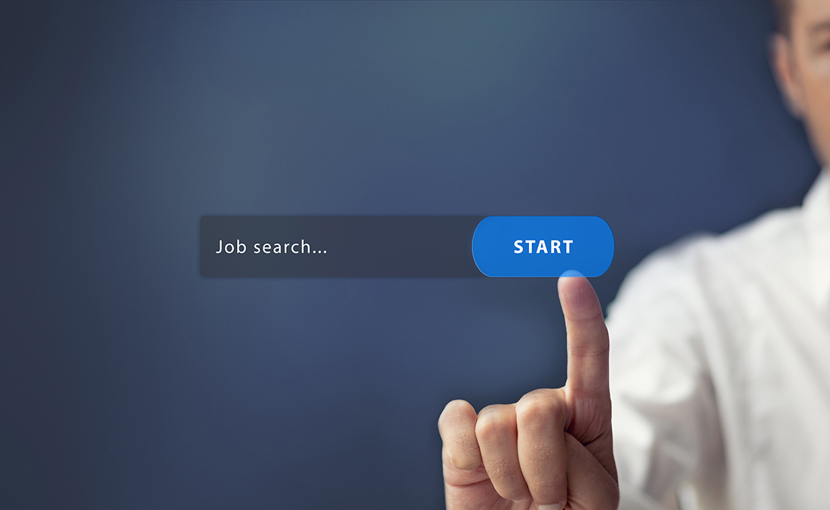 Finger pressing a "start" button on job search