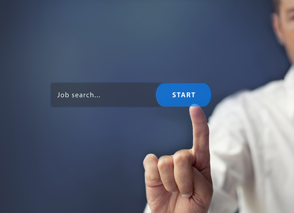 Finger pressing a "start" button on job search