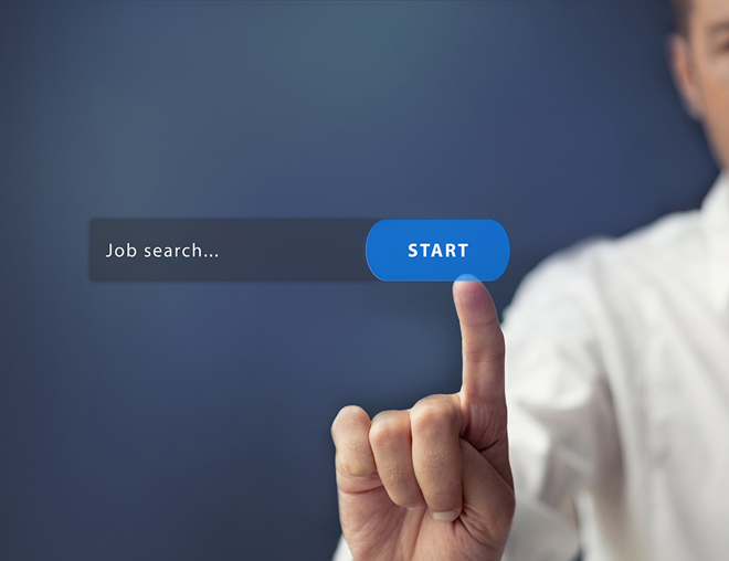 Finger pressing a "start" button on job search