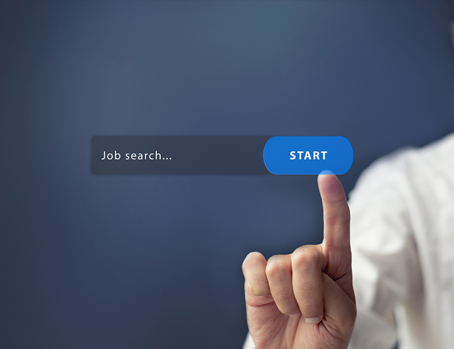 Finger pressing a "start" button on job search