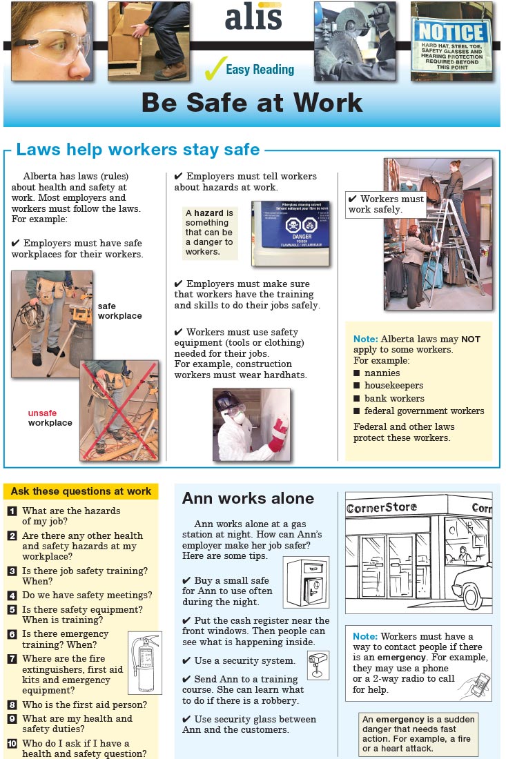 easy reading be safe at work a free publication for albertans alis
