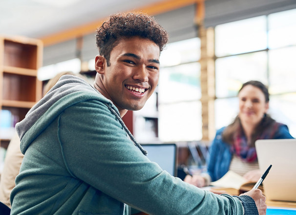 University student studying in a library