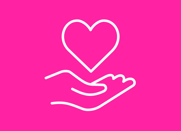 White icon of a heart hovering over a hand on a pink background