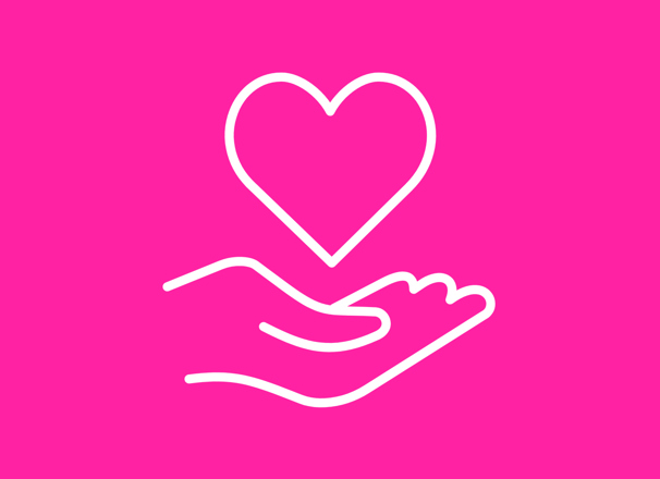 White icon of a heart hovering over a hand on a pink background