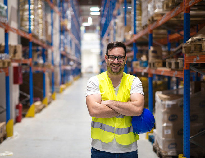 Worker wearing a safety vest smiling and standing in an aisle of a distribution centre
