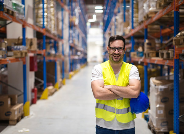 Worker wearing a safety vest smiling and standing in an aisle of a distribution centre
