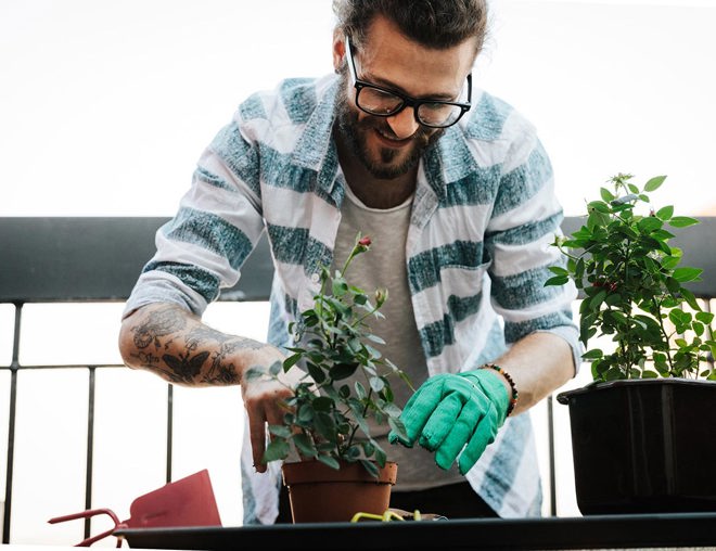 Young man gardening on apartment balcony.