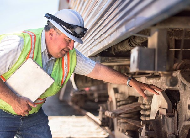 Railroad worker inspecting a train.