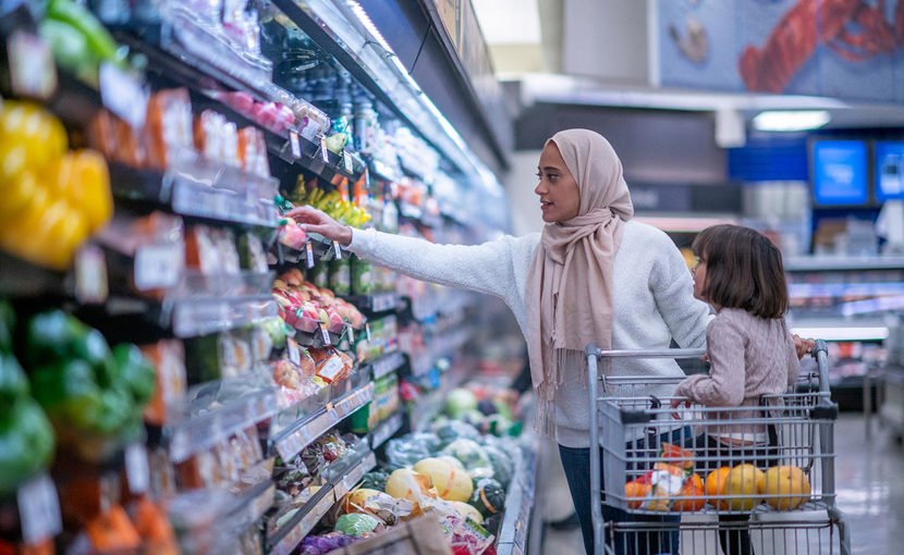 Woman grocery shopping with child in the shopping cart.