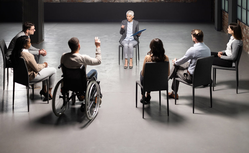 6 people and a moderator in a group therapy session.