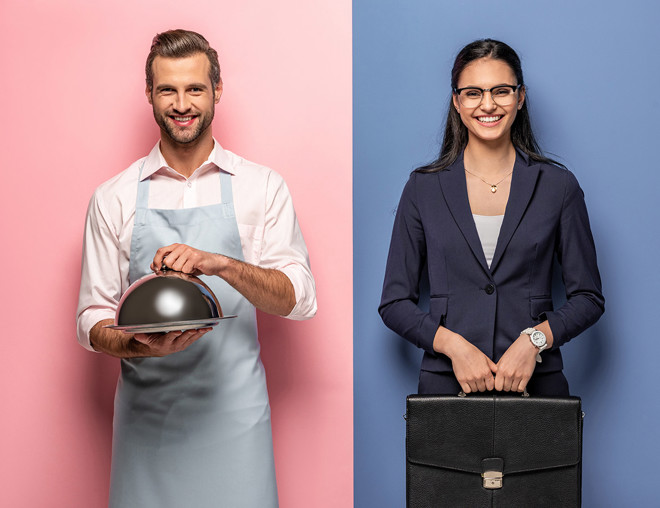 2 people carrying different work items.