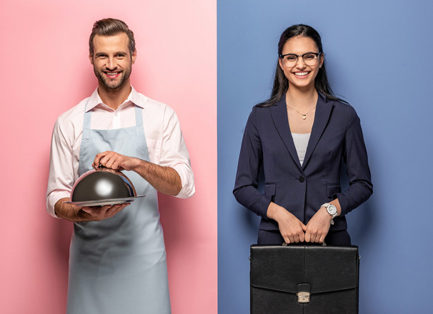 2 people carrying different work items.