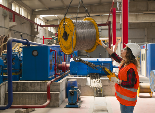Crane operator moving spool.