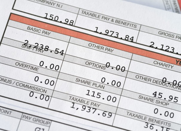 A pay stub showing a worker's pay and deductions.