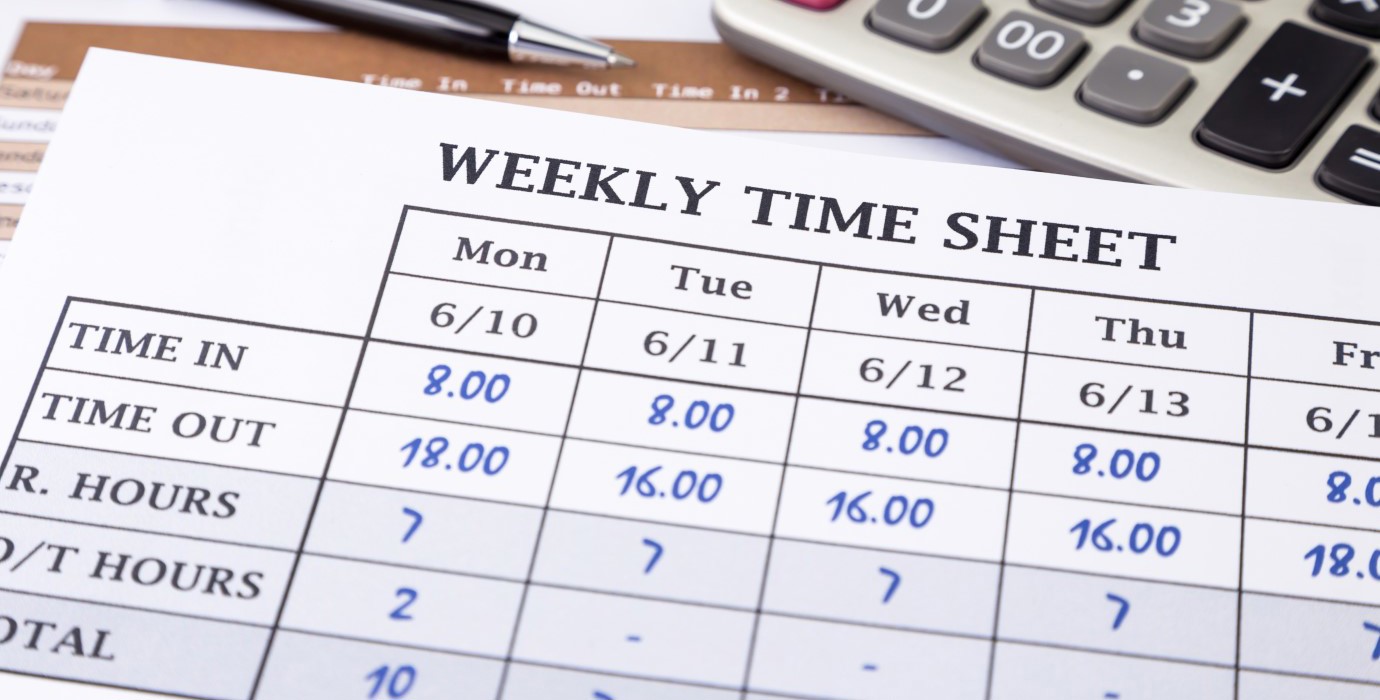 A worker's weekly time sheet showing when they clocked in and out each day, and how many total hours they worked.