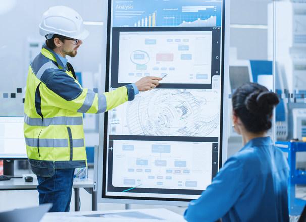 Person wearing PPE making a report at a meeting