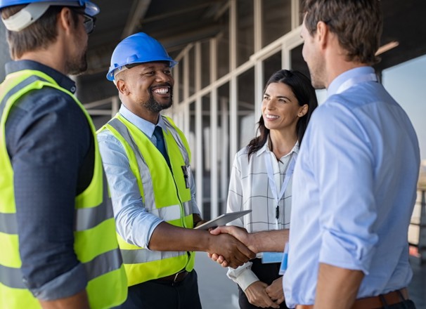 Workers shaking hands on a construction site.