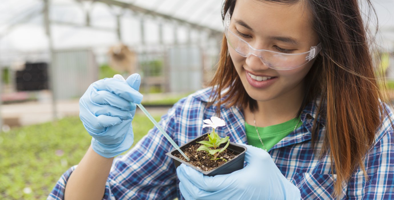 Student working on botany in a greenhouse.