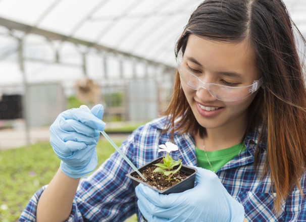 Student working on botany in a greenhouse.