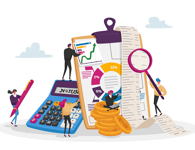 financial-banking-data-tiny-accountant-characters-around-huge-clipboard and calculator