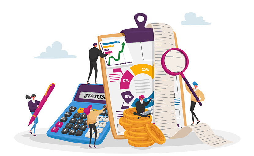 financial-banking-data-tiny-accountant-characters-around-huge-clipboard and calculator