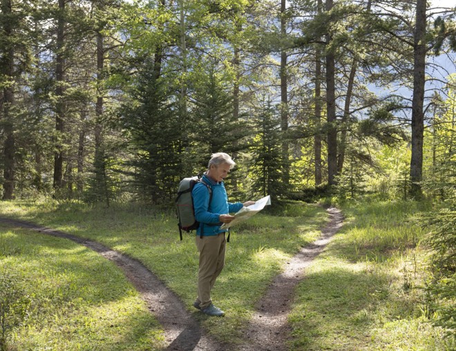 Hiker stopped at a fork in the path and looking at map.