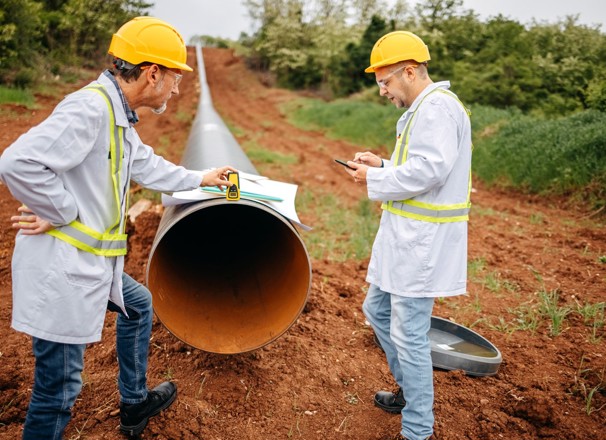 2 engineers inspect a gas pipeline. 