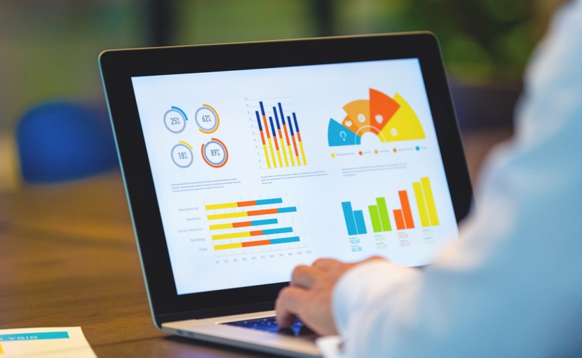 Person looking at graphs and charts on laptop.