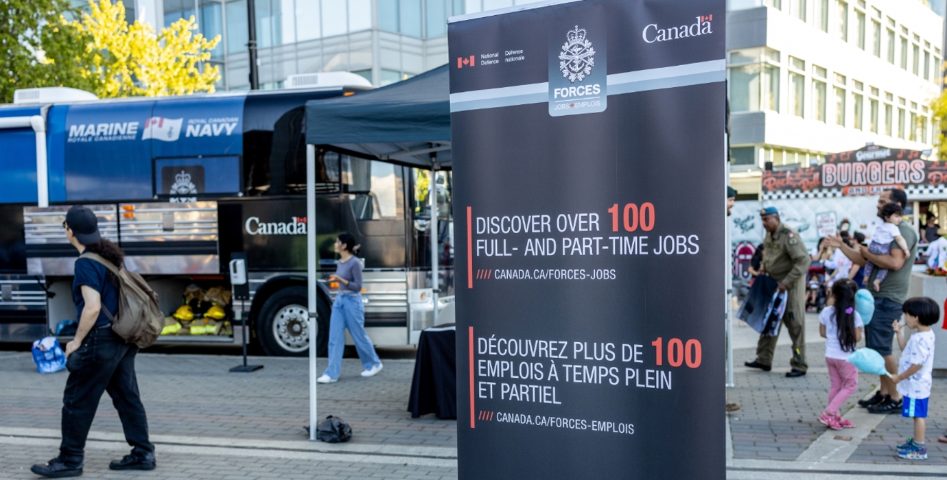 A view of pop-up Canadian Armed Forces station for recruiting new members on Canada Day in downtown Vancouver.